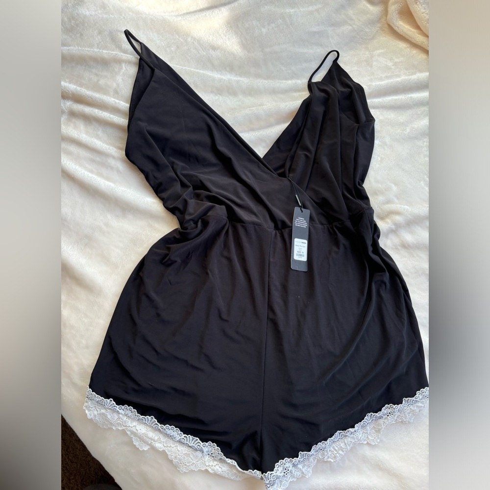 NWT Fashion Nova Plus Size Black Romper Jumper Trimmed with Lace 1X